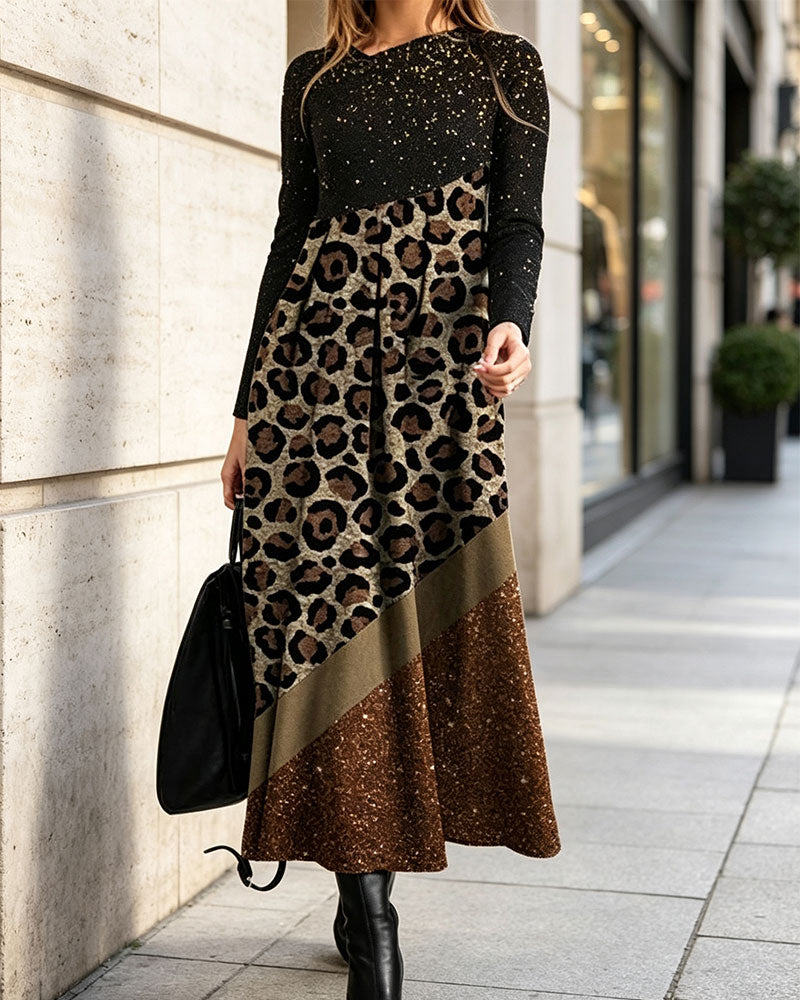 Robe Imprimé Léopard Patchwork Manches Longues