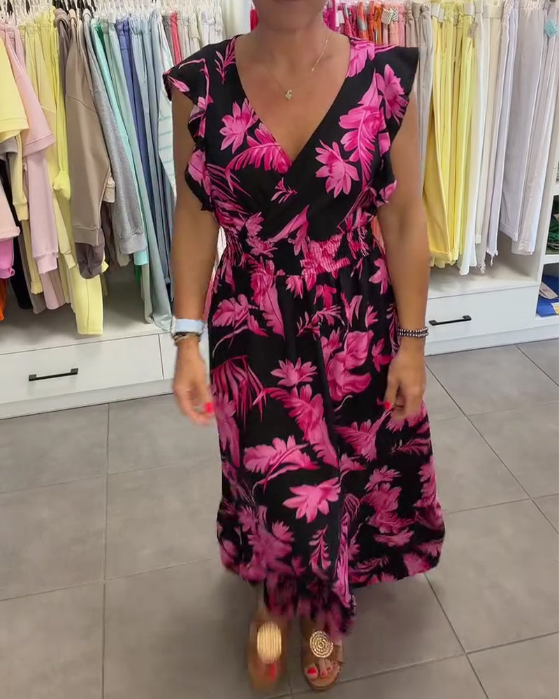 Robe Florale Tropicale Col En V Taille Cintrée Longue