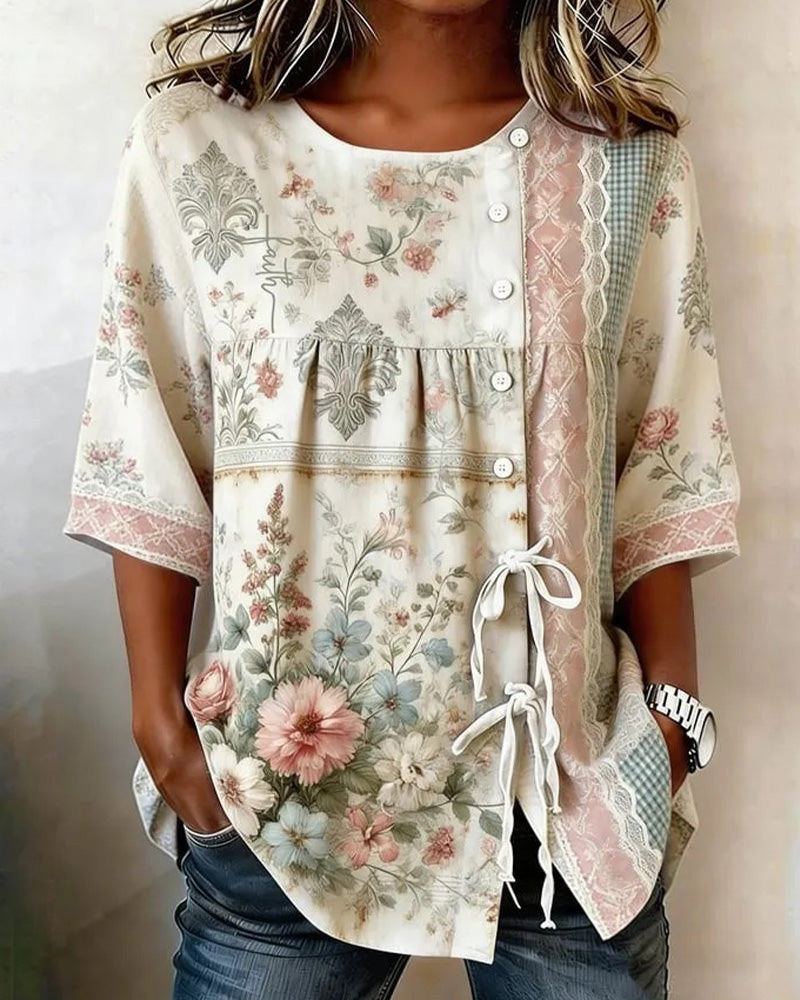 Blouse Imprimé Floral Rétro Décontractée