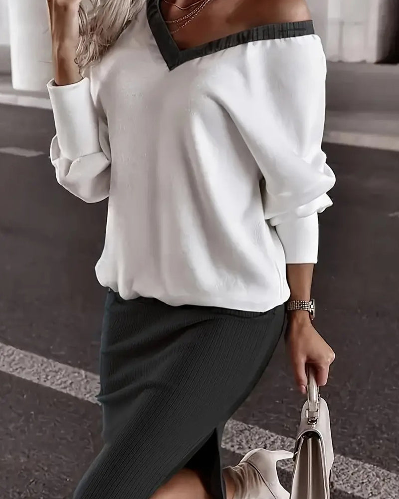 Ensemble Col En V Contrasté Jupe Élégant