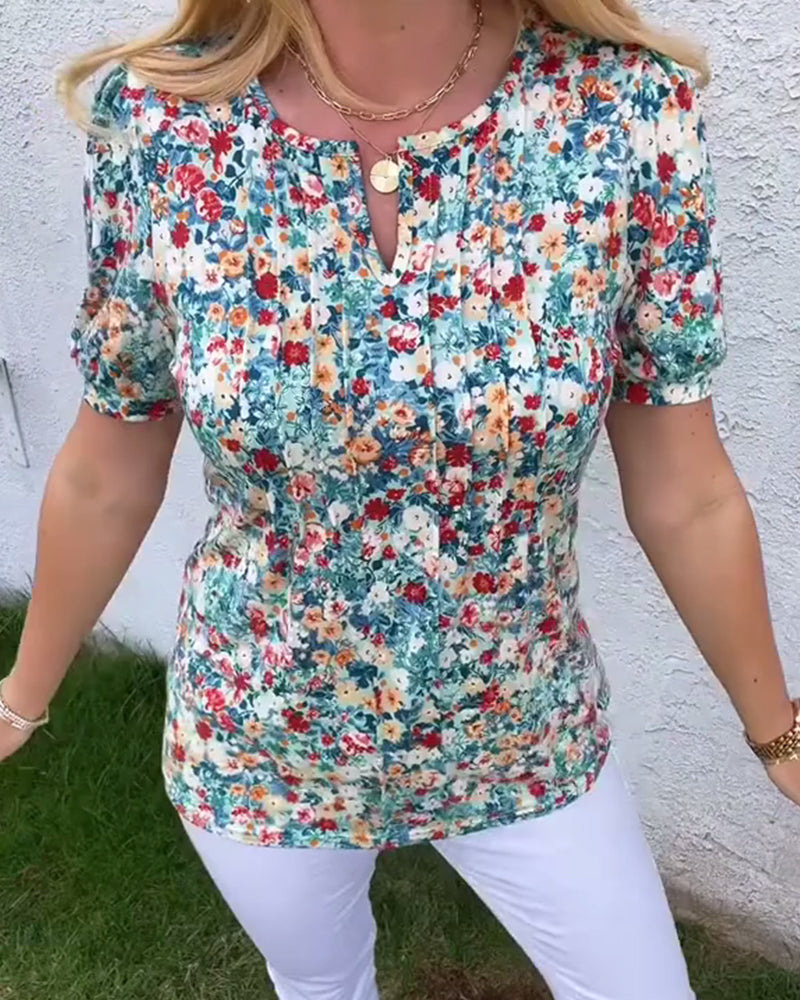 Blouse Manches Courtes Imprimé Fleuri Plissée