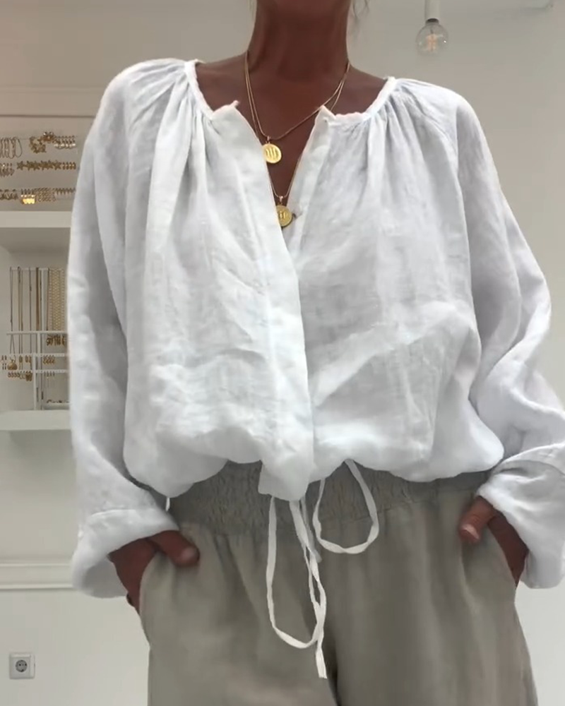 Blouse 100 % Coton Manches Longues Froncée Lien