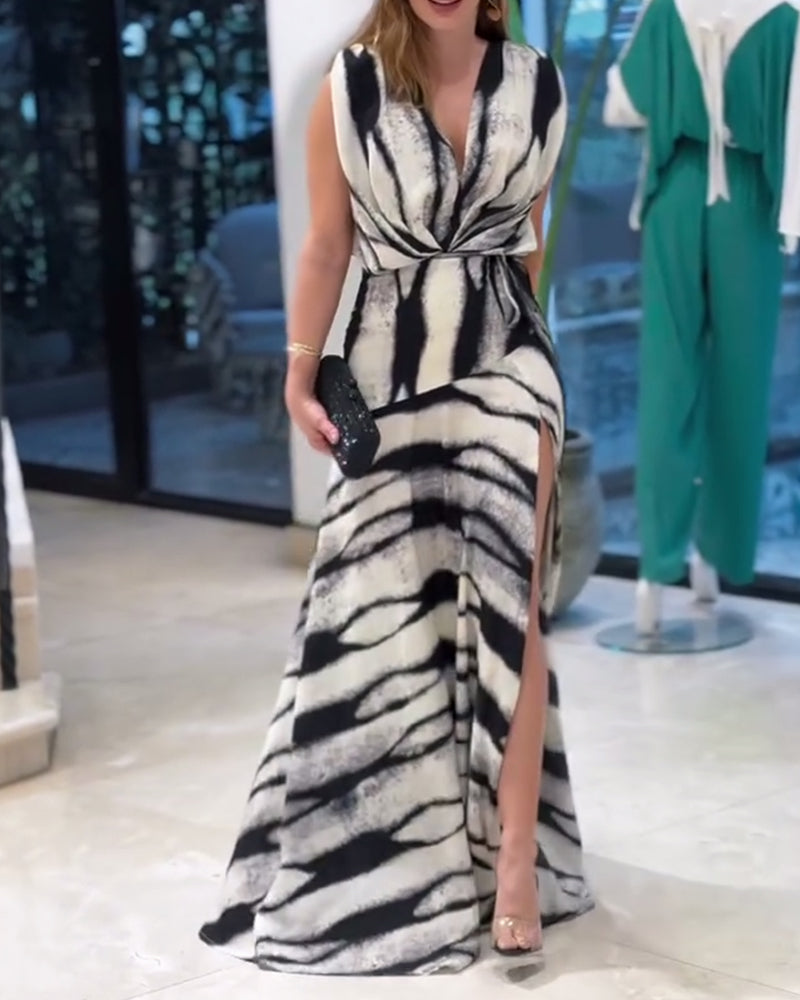 Robe Sans Manches Col En V Imprimée Fente Maxi