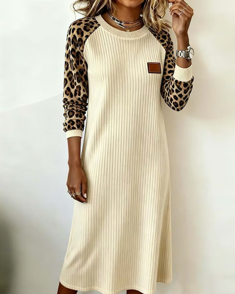 Robe décontractée à manches longues imprimé léopard patchwork
