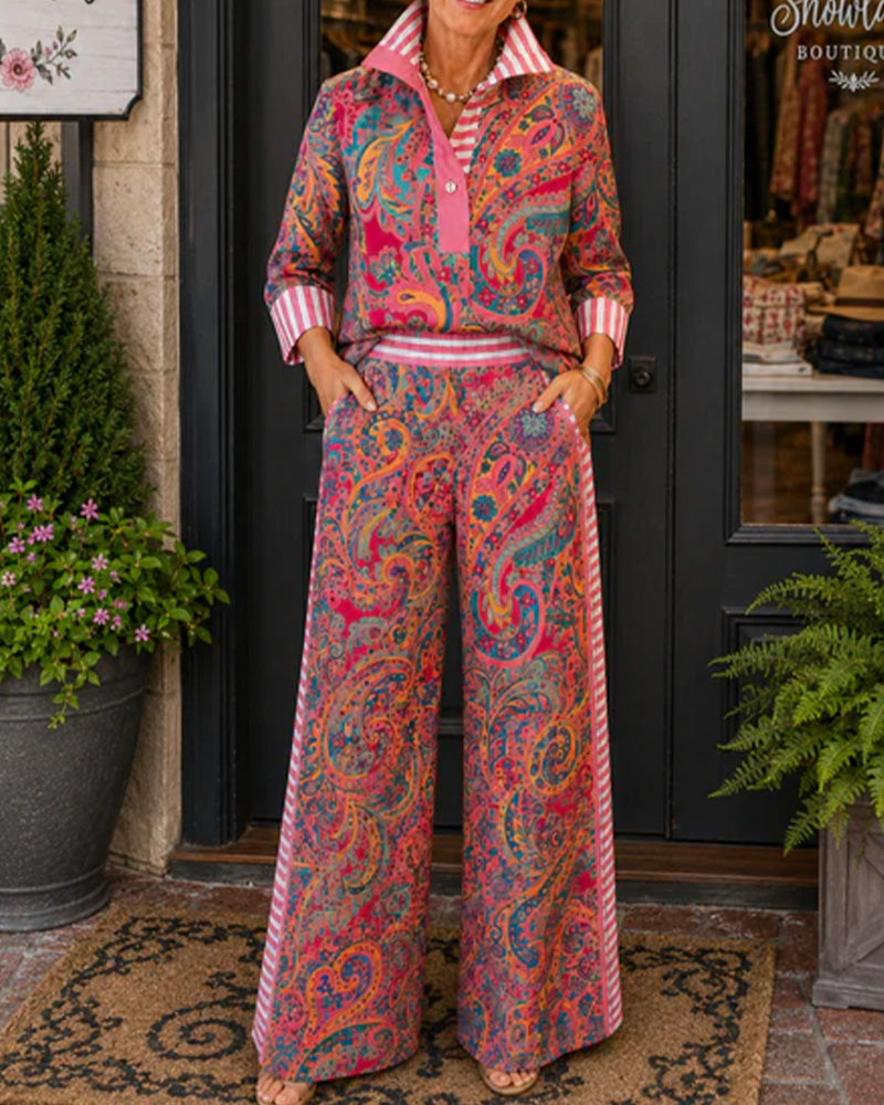 Set Revers Rayure Imprimé Chemise + Jambe Large Pantalon