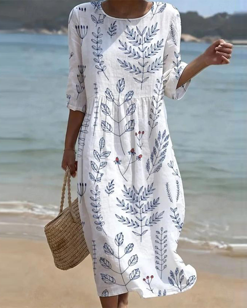 Robe Manches Courtes Col Rond Imprimé Feuille