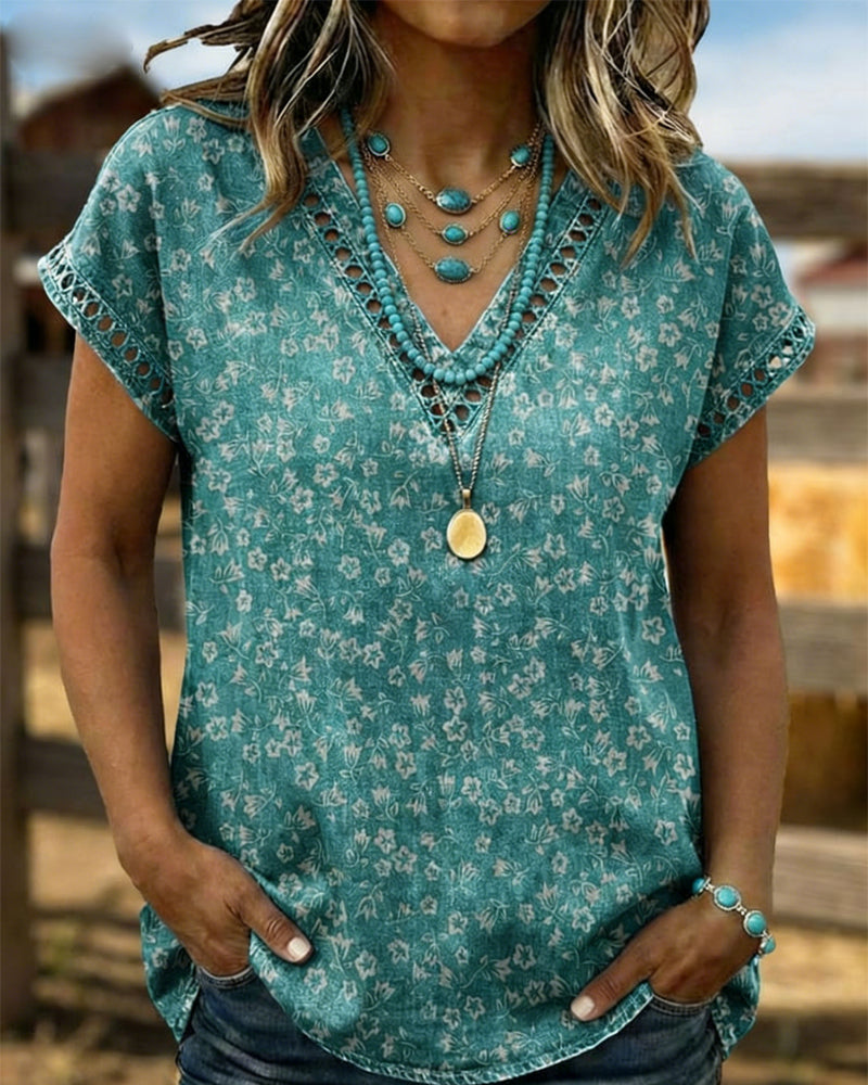 T-Shirt Découpé Patchwork Col V Floral