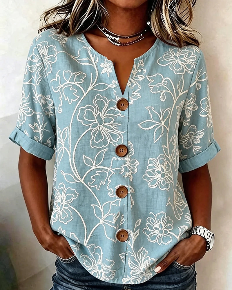Blouse Col V Imprimé Pivoine Bouton