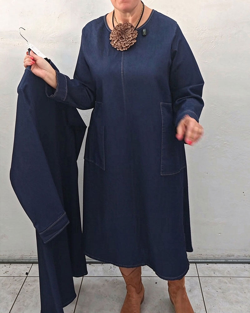 Robe Col Rond Poche Droite Manche Longue Denim
