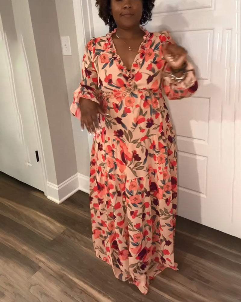 Robe À Col V Manches Longues À Fleurs