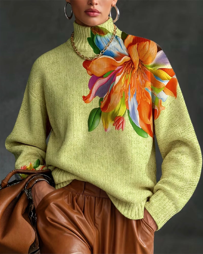 Pull Col Roulé Floral Contraste Manches Longues