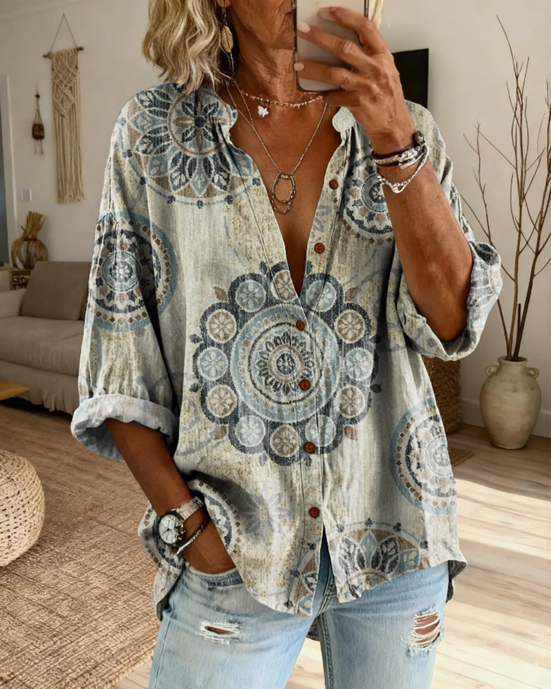 Chemise Motif Mandala Épaule Descendue Manche