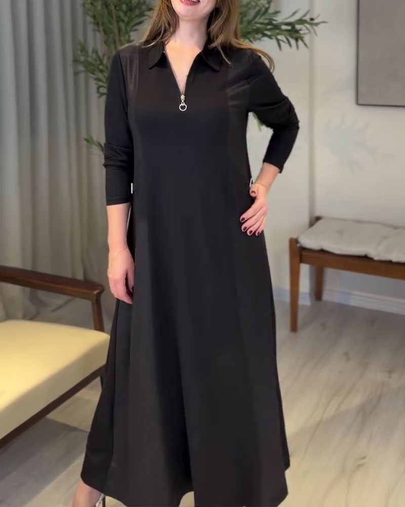 Robe Uni Fermeture Éclair Col Revers