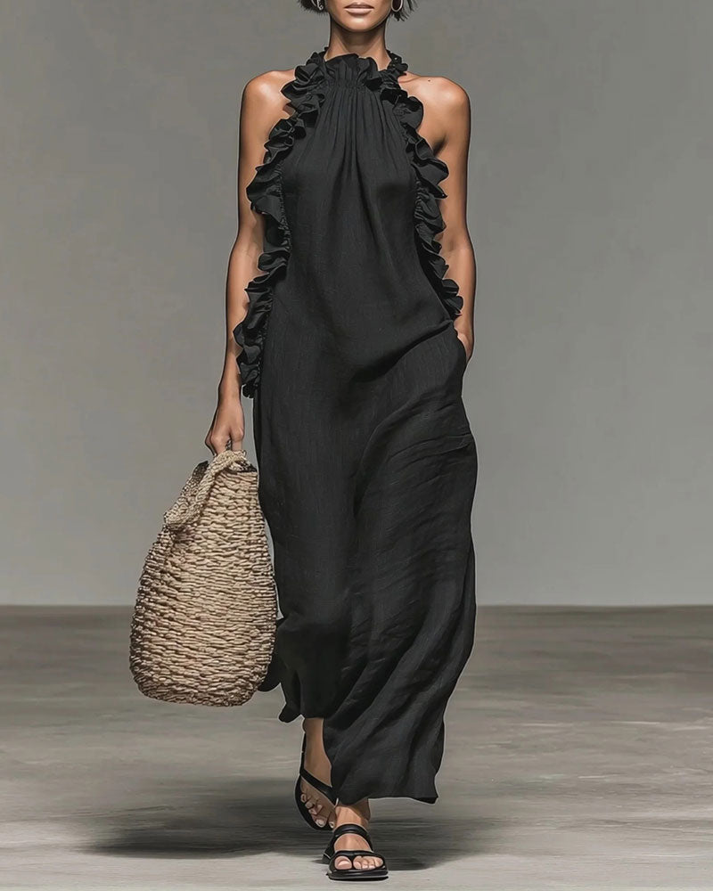 Robe Col Nuque Volantée Longue