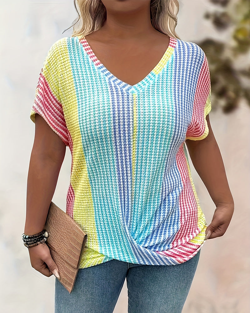 T-Shirt Contraste Couleur Nœud Torsadé Col V