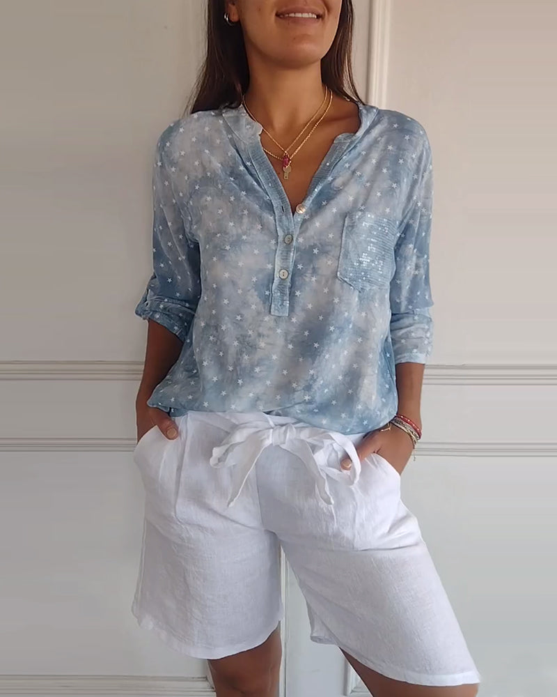 Blouse col V boutonnée imprimé étoiles