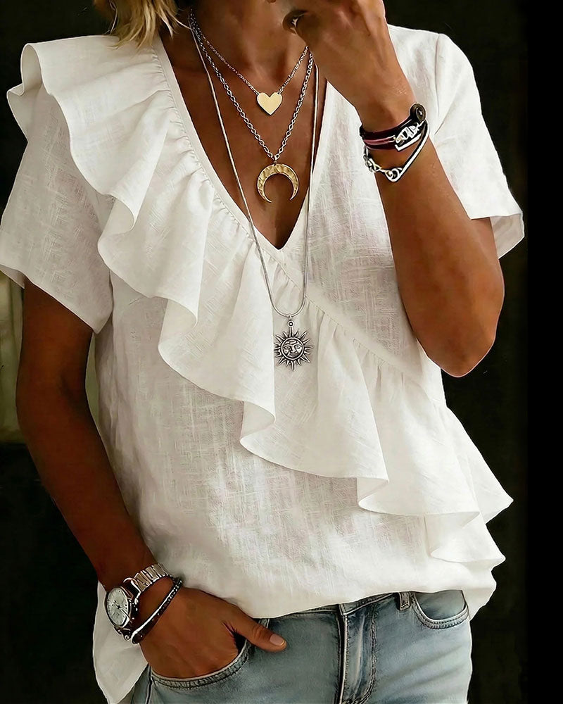 Blouse Col V Manches Courtes Volantée