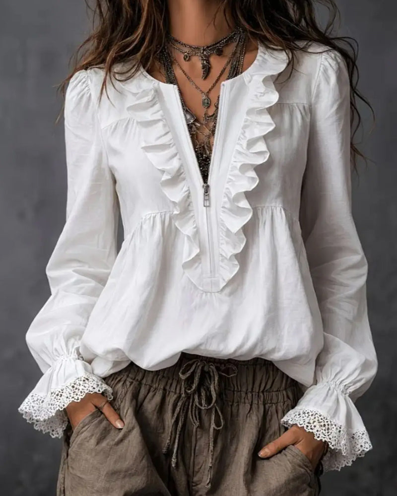 Blouse À Fermeture Éclair Et Manches À Volants