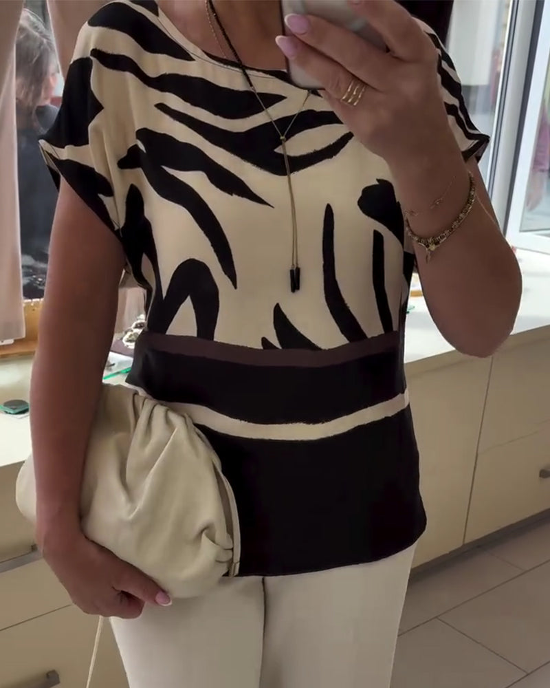 Blouse Col Rond Géométrique Patchwork Manche Courte