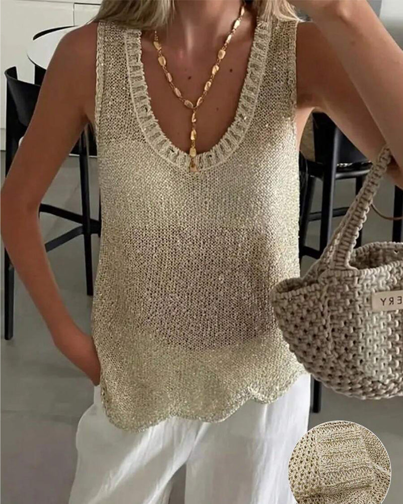 Haut Sequin Sans Manches Encolure Ronde