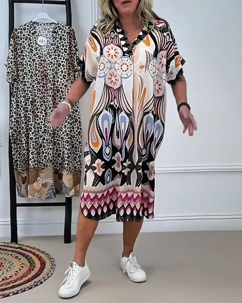 Robe Bohème Imprimée Droite Manches Courtes