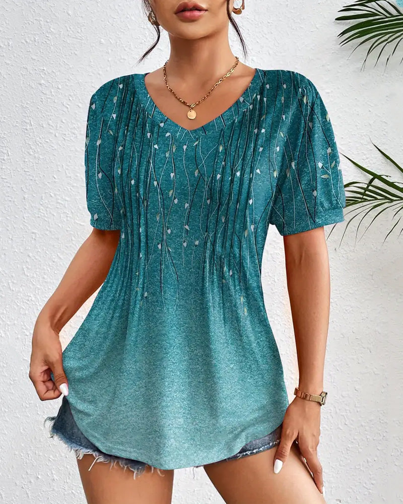 T-Shirt Col En V Décontracté Imprimé À Manches Courtes