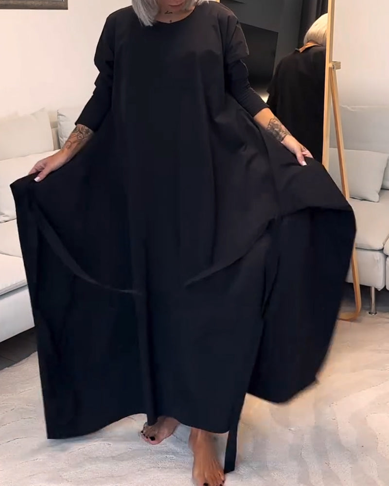Robe plissée à lacets de couleur unie à la mode avec col rond