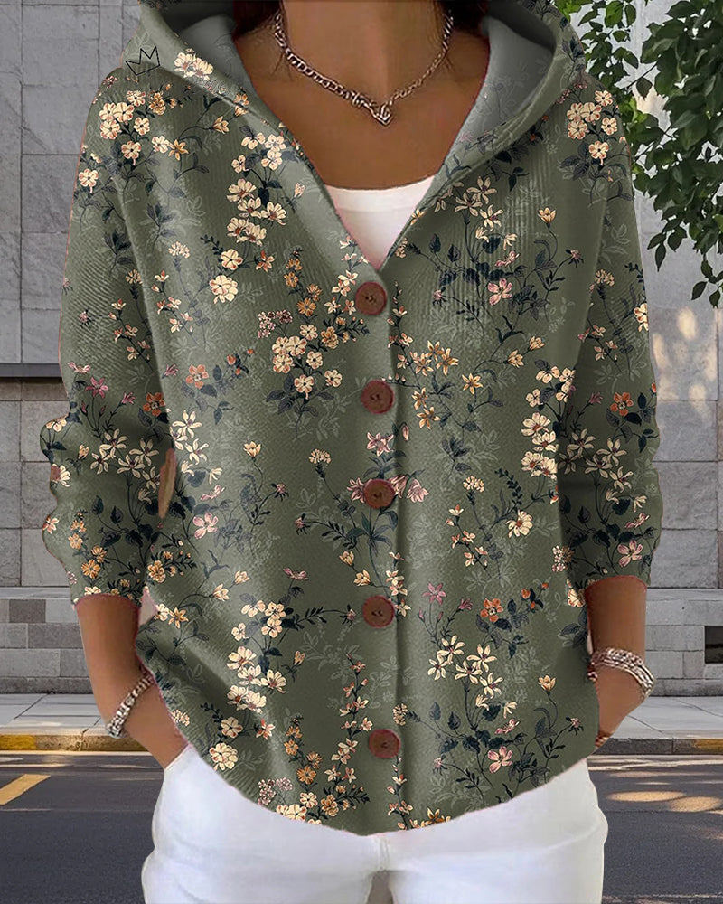 Cardigan décontracté à capuche imprimé boutonné