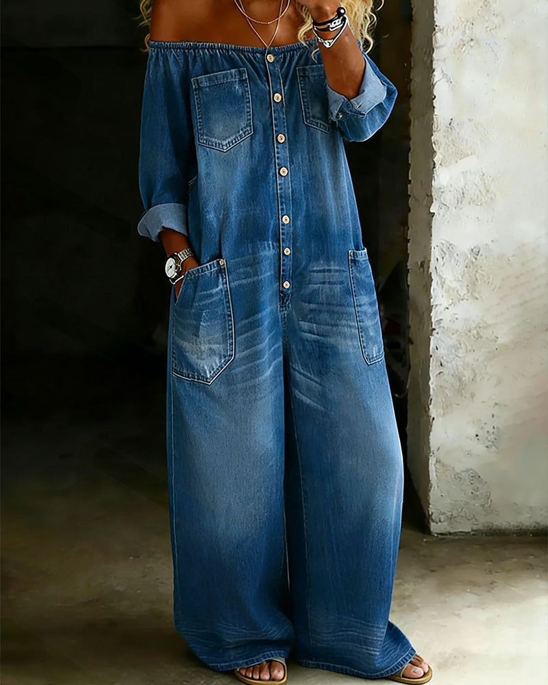 Combinaison Off-Shoulder Denim Jambe-Large
