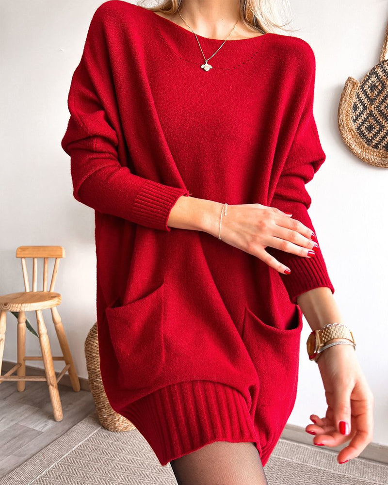 Robe pull décontractée de couleur unie avec col ras du cou et poche