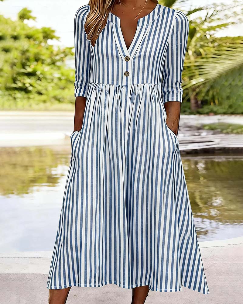 Robe Bleu Blanc Rayé Manche Trois-Quarts