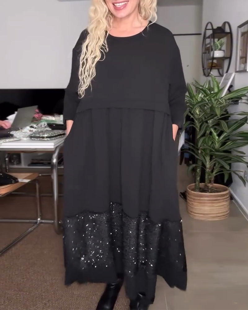 Robe Col Rond Paillette Patchwork Loose