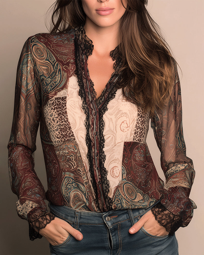 Chemise Imprimé Rétro Patchwork Manches Longues