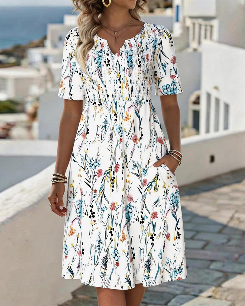 Robe V Encolure Blanc Fond Aquarelle Floral Print