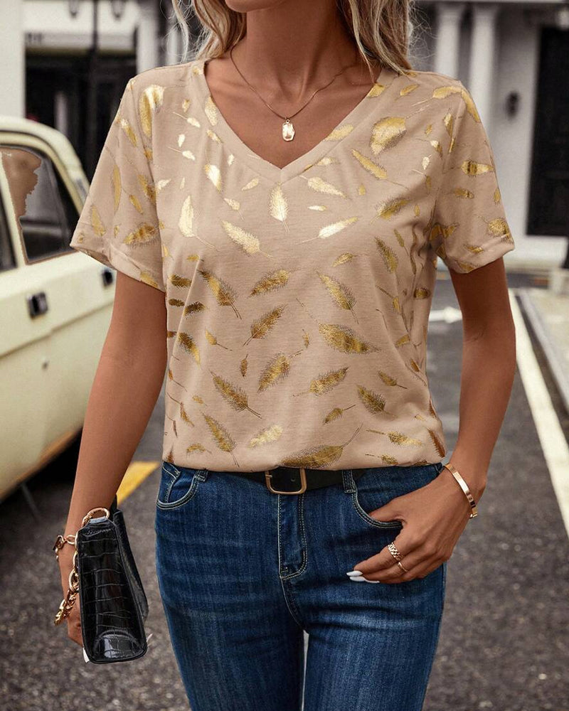 T-Shirt Col V Imprimé Feuilles Décontracté