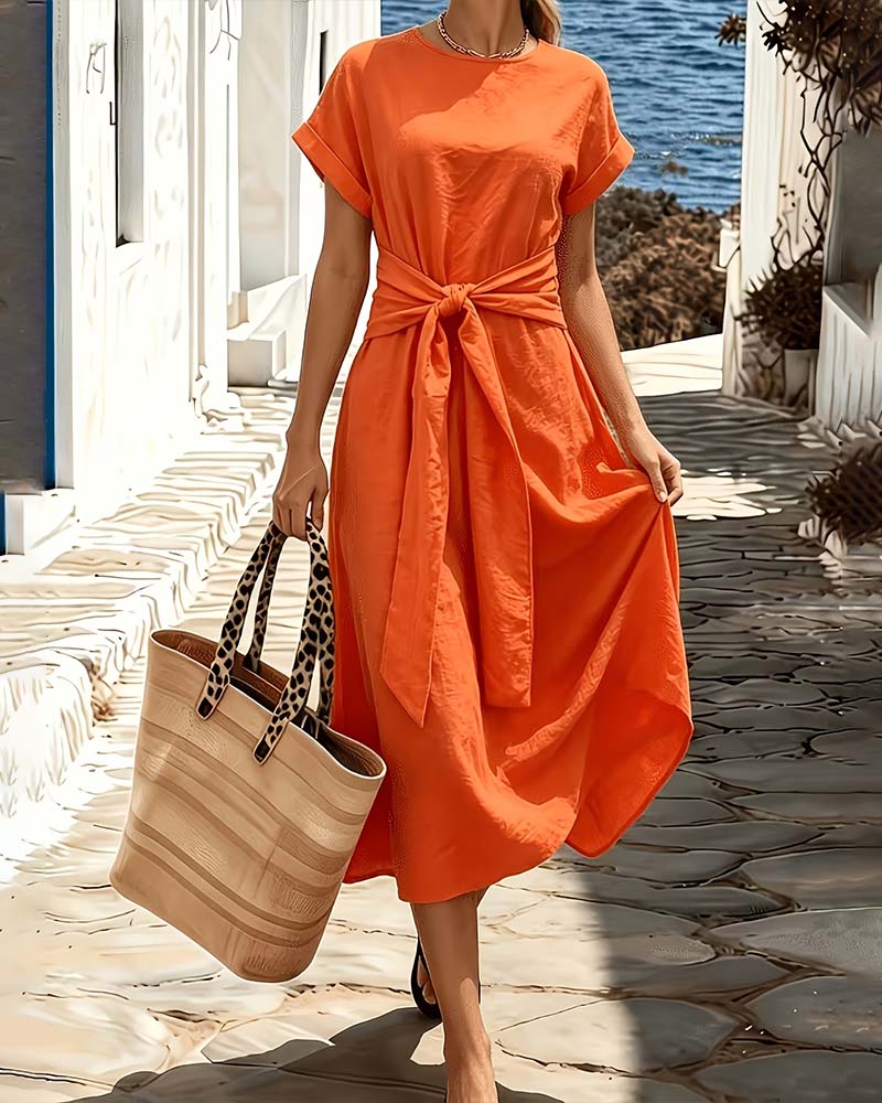 Robe Col Rond Unie Cordon Noué Plein Jupe