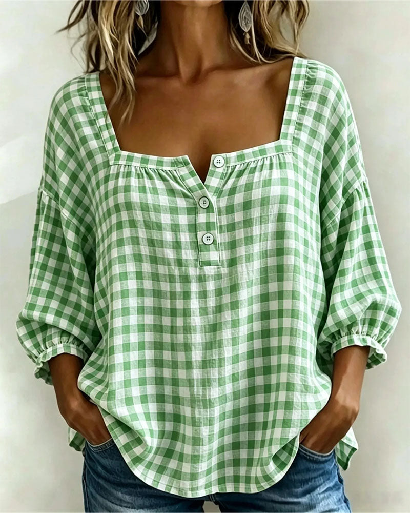 Blouse Col Carré Boutonnage Ecossais