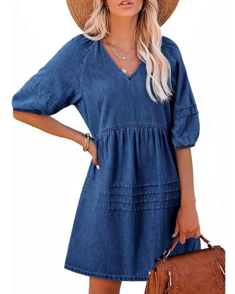 Robes Denim Col V Manche Bouffante