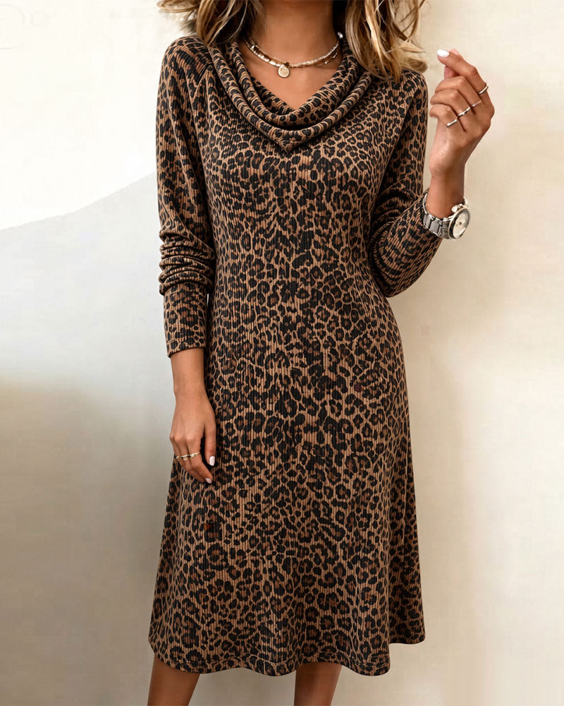 Robe Col Mock Décontracté Léopard Manches Longues