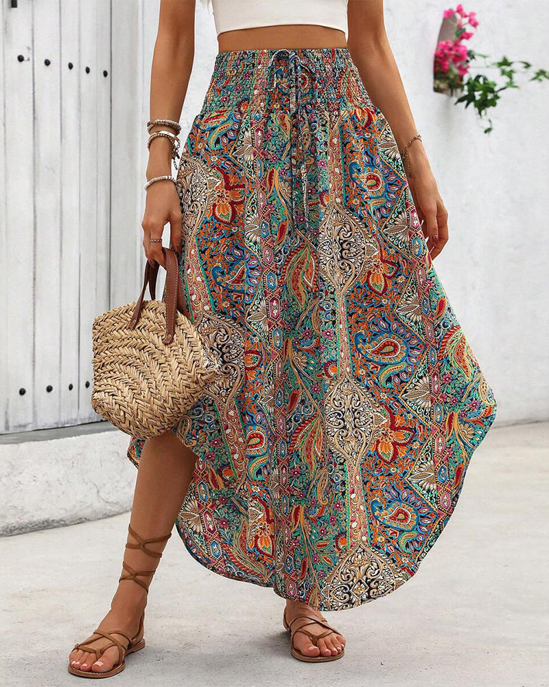 Jupe avec une Ceinture Élastique, des Impressions Rétro et un ourlet incurvé