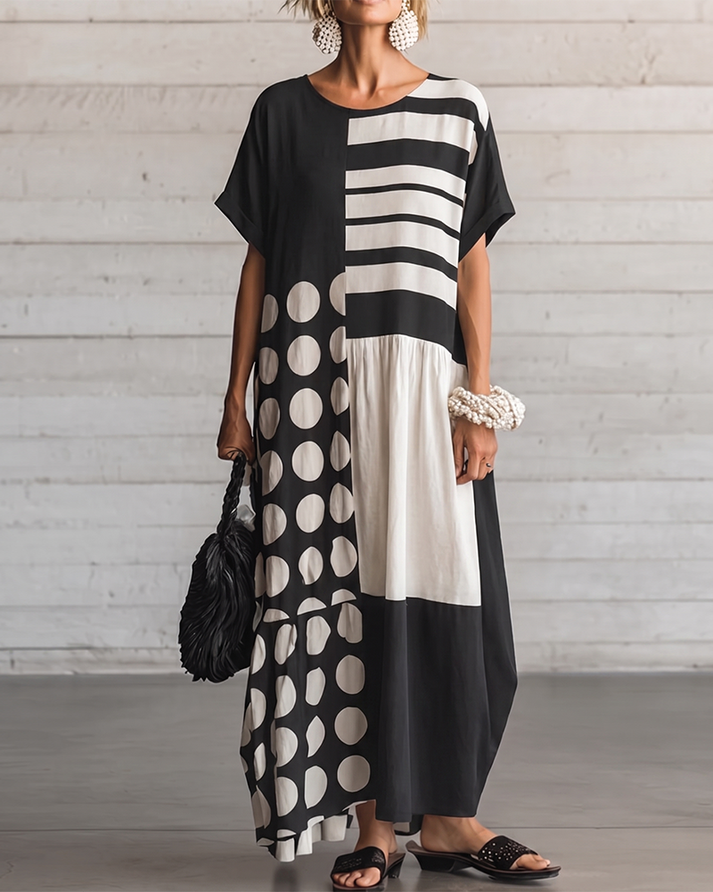 Robe Col Rond Manches Courtes À Pois Patchwork