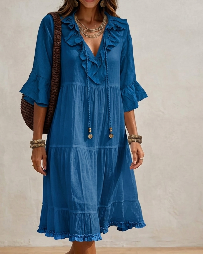 Robe Volants Col V Bretelles Fines