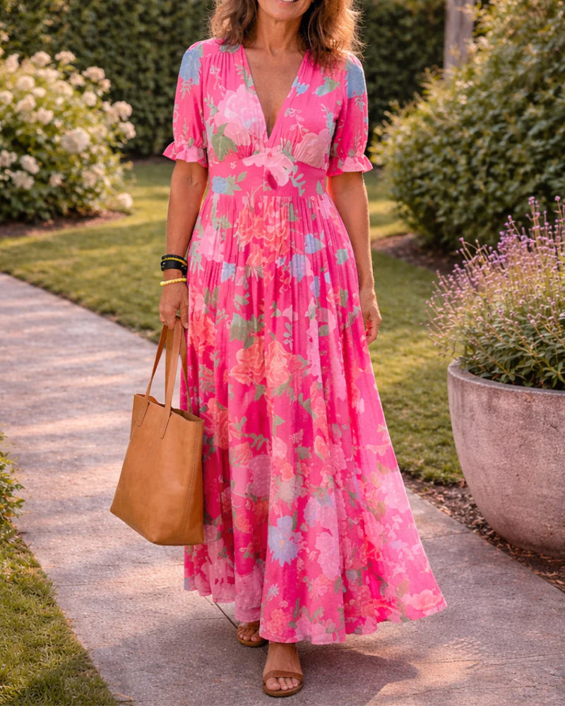 Robe Col V Imprimé Taille Haute Manche Ballon