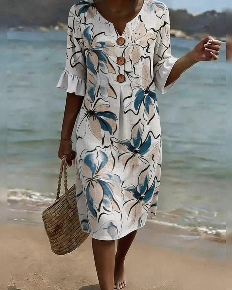 Robe Col V Aquarelle Floral Fourreau