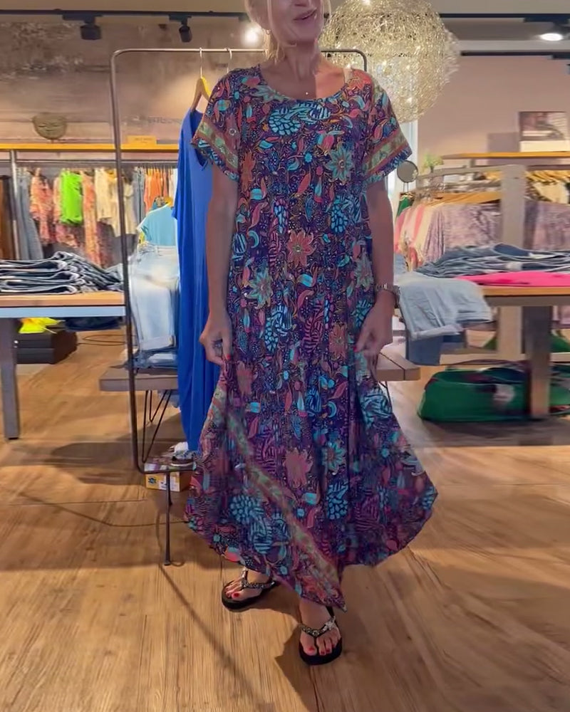 Robe longue imprimée à manches courtes et col rond