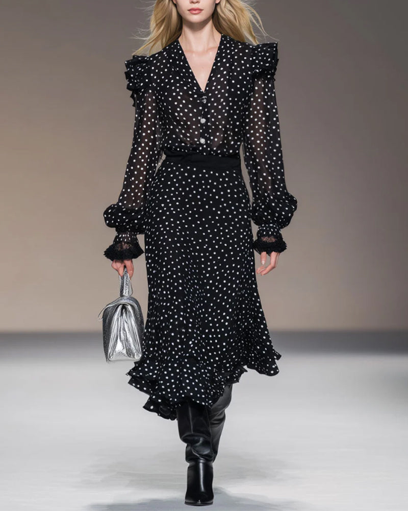 Robe Col V À La Mode À Pois