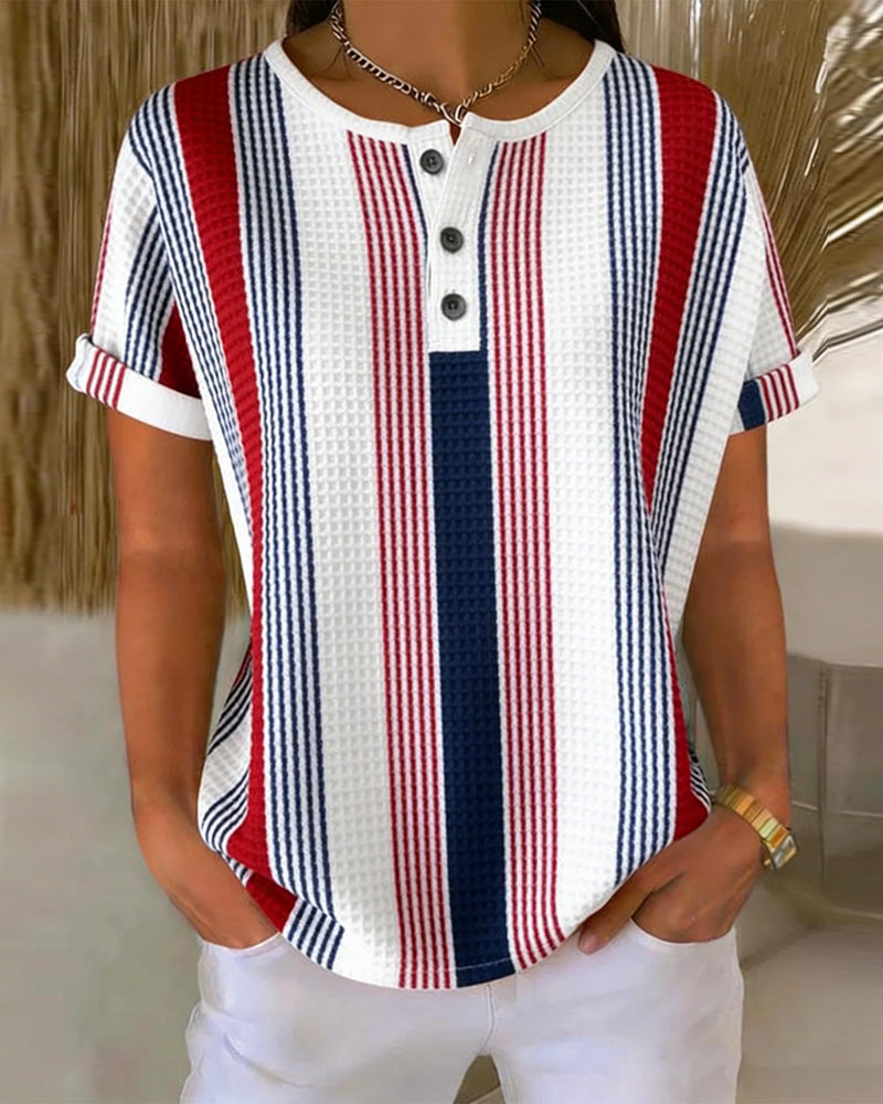 T-Shirt Rouge Blanc Bleu Rayure Verticale