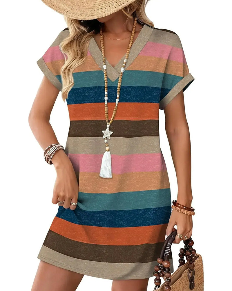 Robe Colorée Rayure Horizontale Col En V