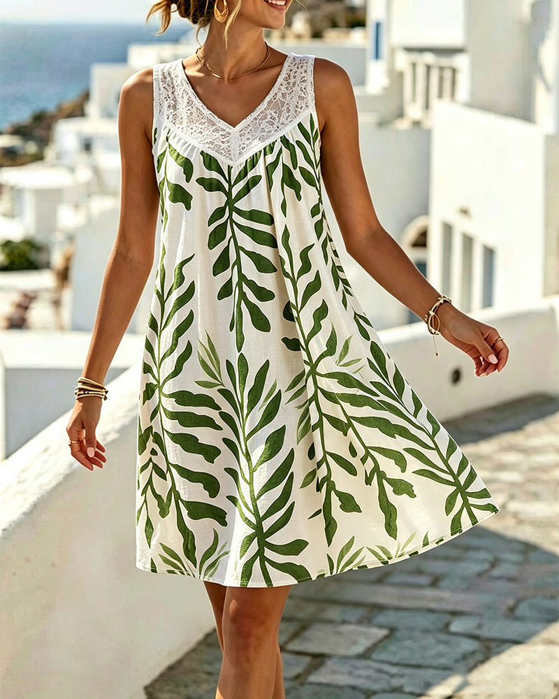 Robe Sans Manches Dentelle Col V Fleuri