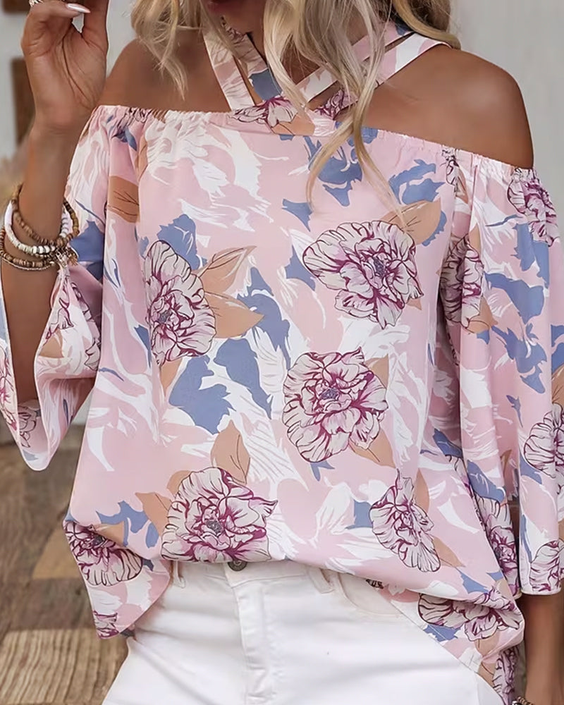 Blouse Florale Croix Off-Épaule